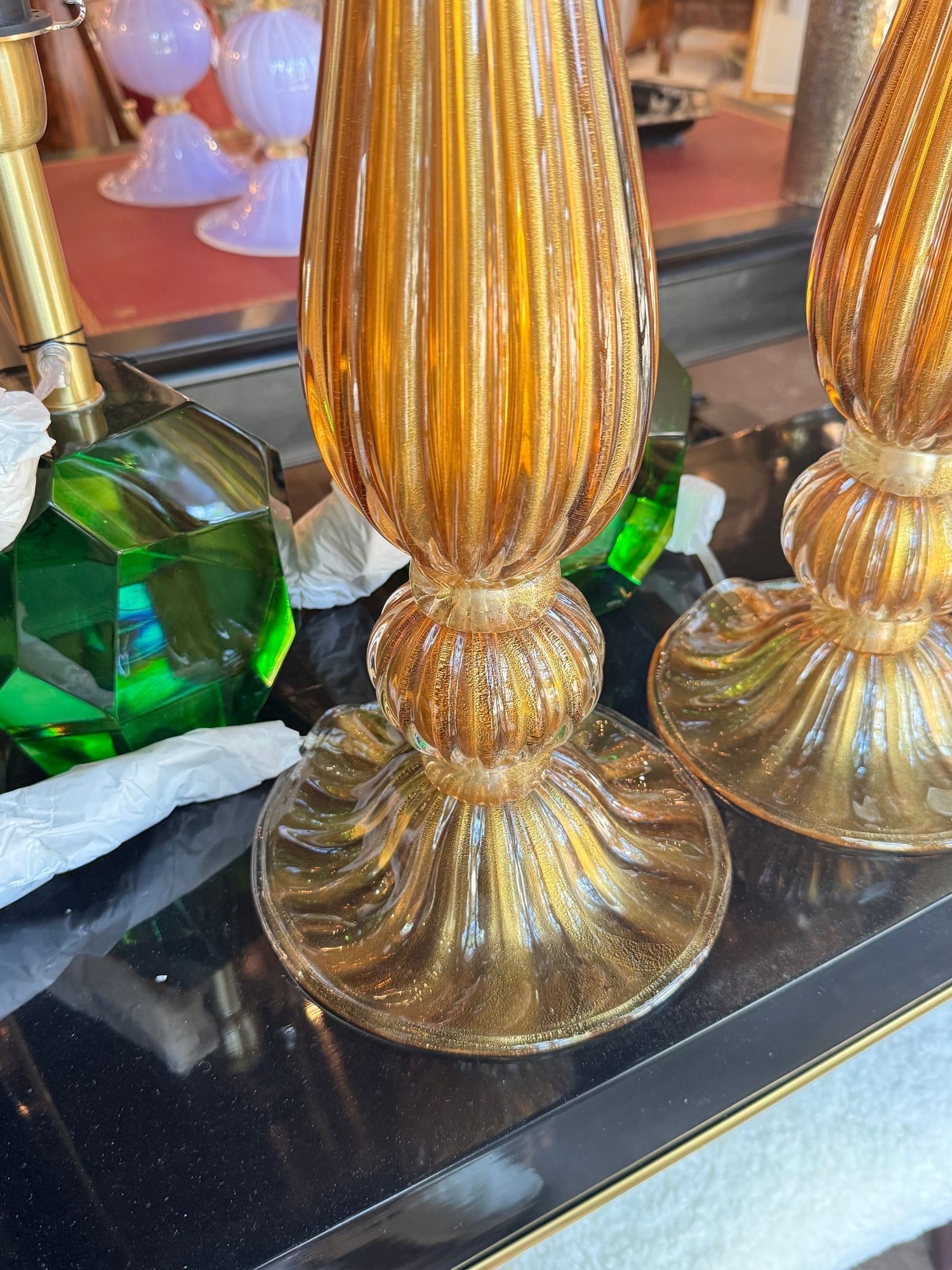 Pair of Murano Amber and Gold Glass Lamps - Image 3