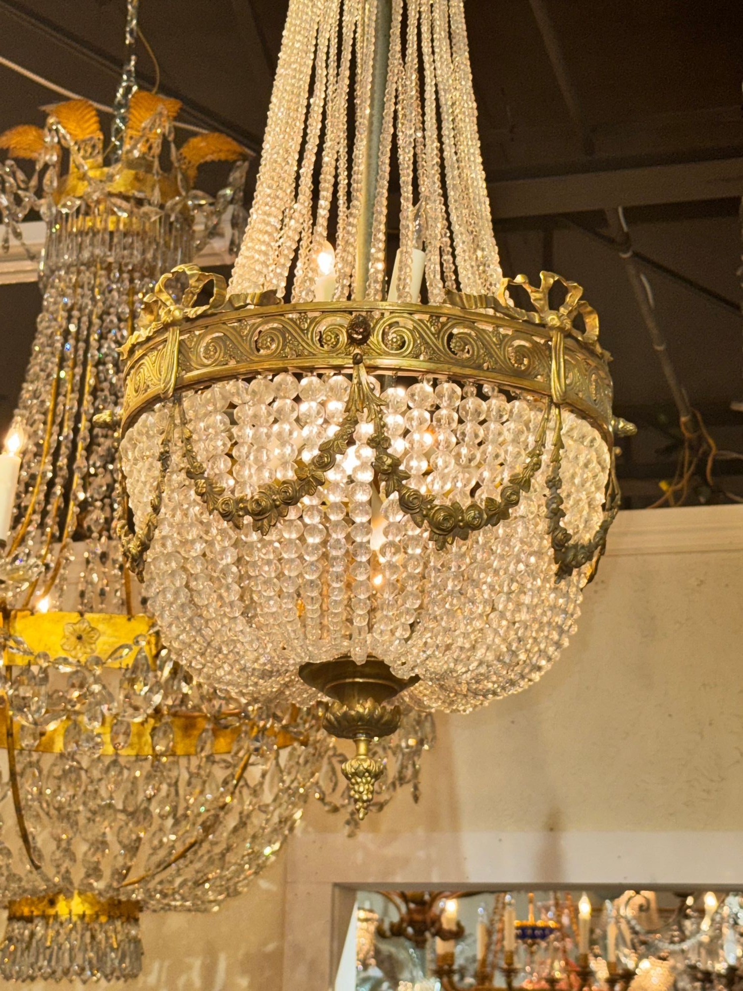 French Empire Gilt Bronze and Crystal Basket Chandelier - Image 3