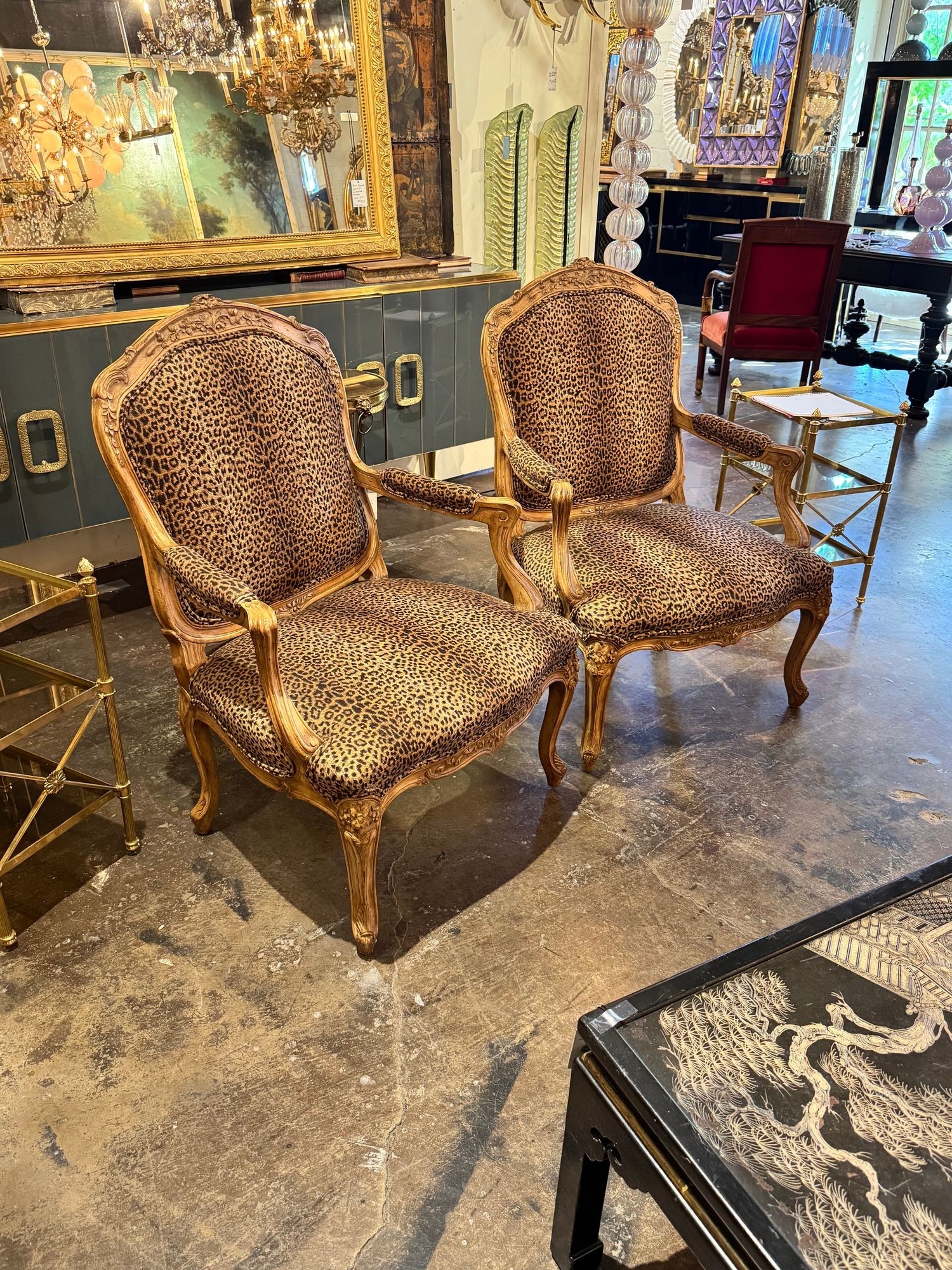 Pair of French Louis XV Bergeres with Leopard Upholstery - Image 5