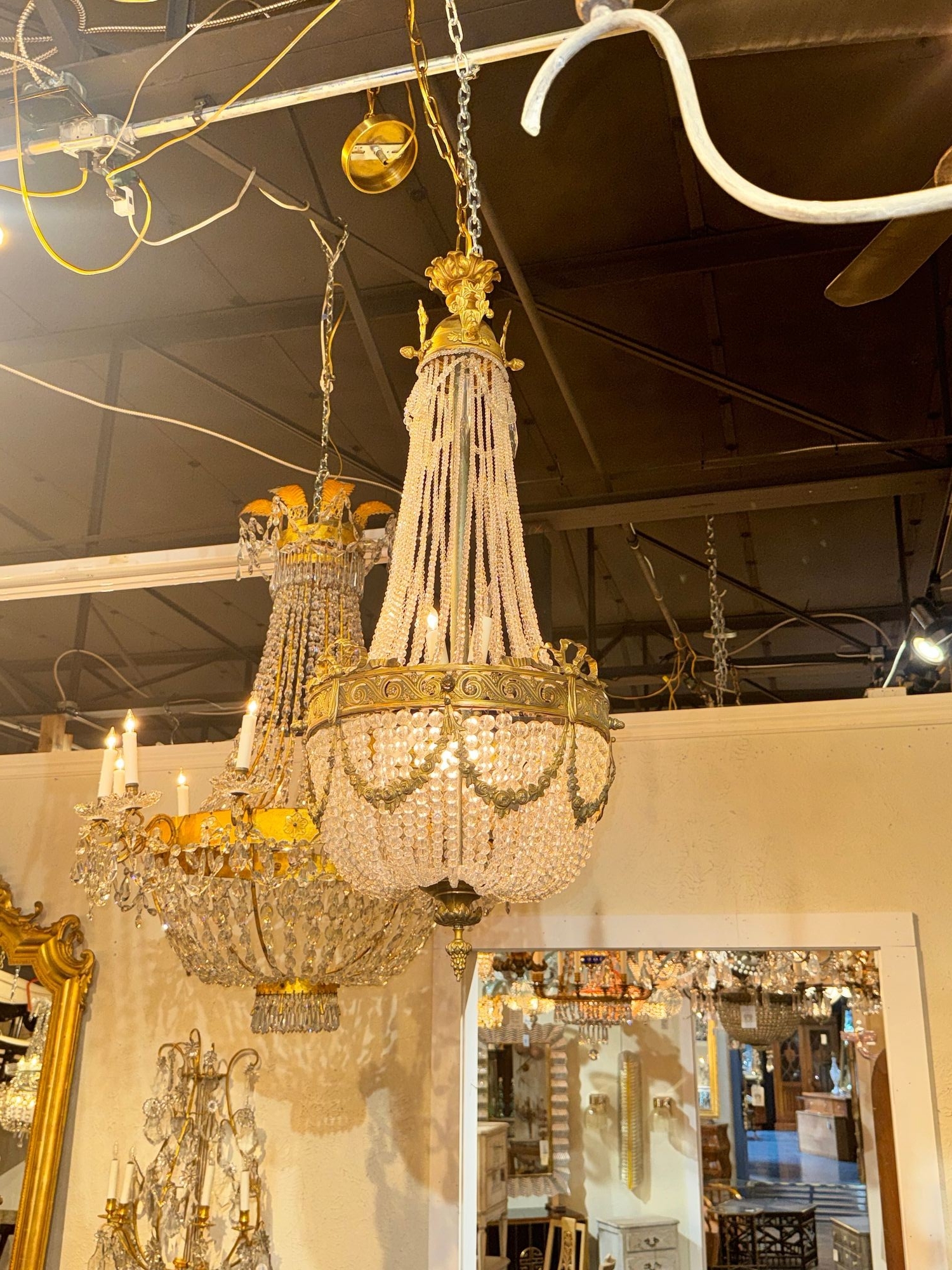 French Empire Gilt Bronze and Crystal Basket Chandelier - Image 5