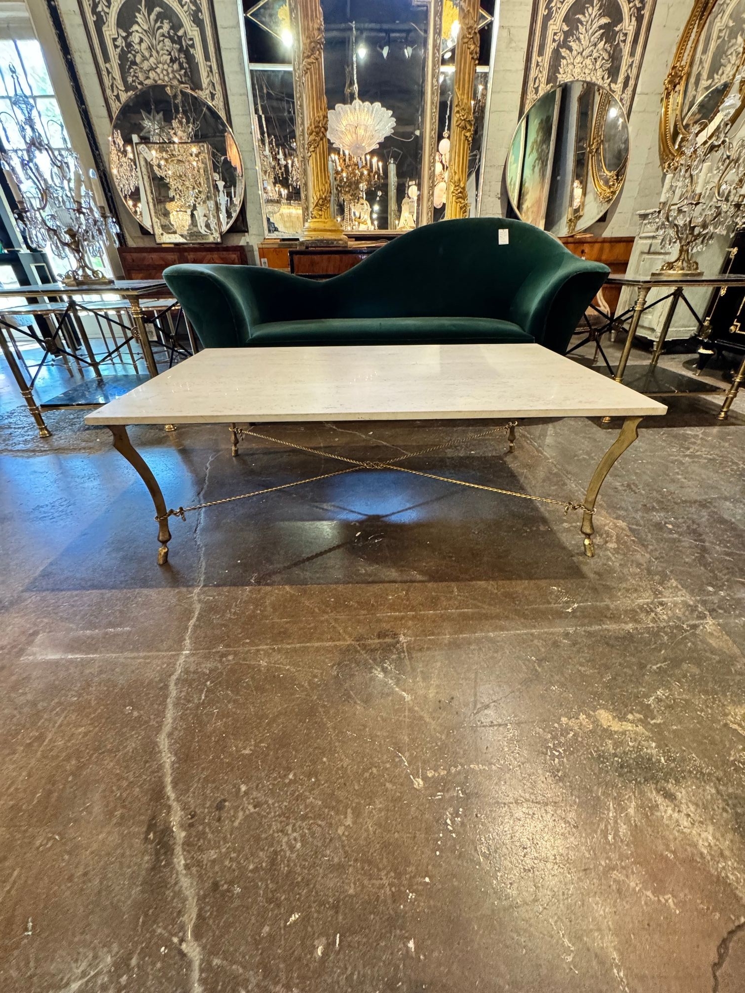 Vintage Italian Gilded Iron and Travertine Coffee Table - Image 6