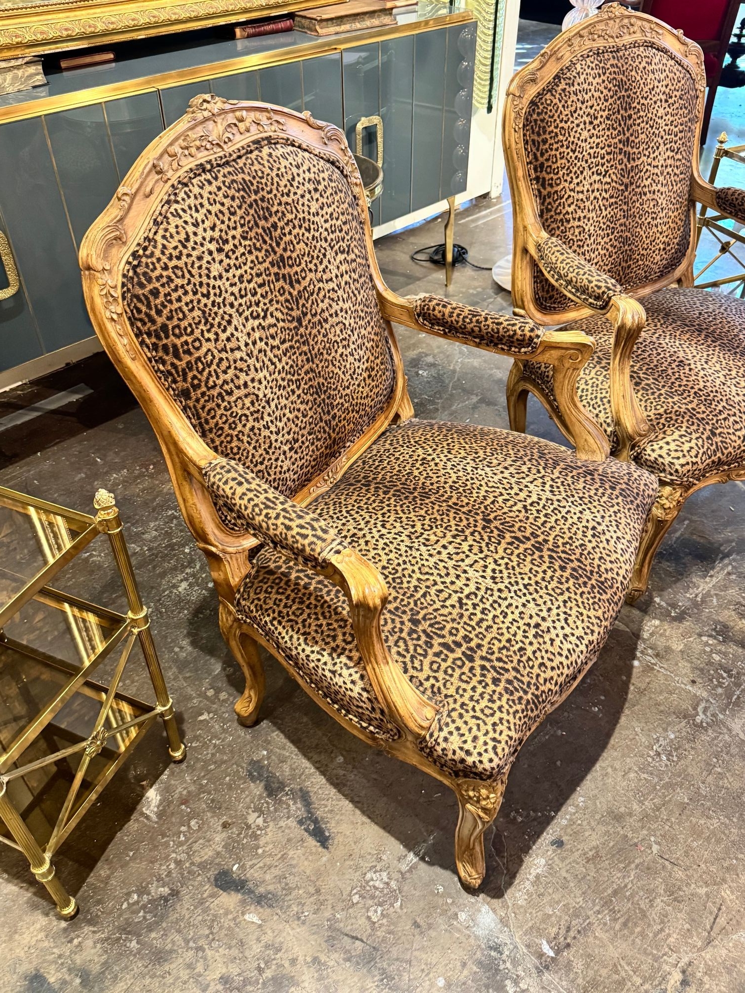 Pair of French Louis XV Bergeres with Leopard Upholstery - Image 6