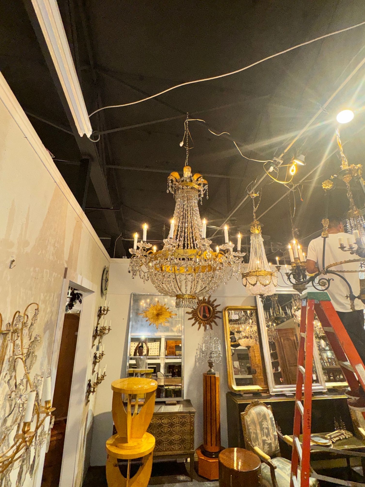 Fine 19th c. Italian Empire Gilt Tole and Crystal Chandelier - Image 7