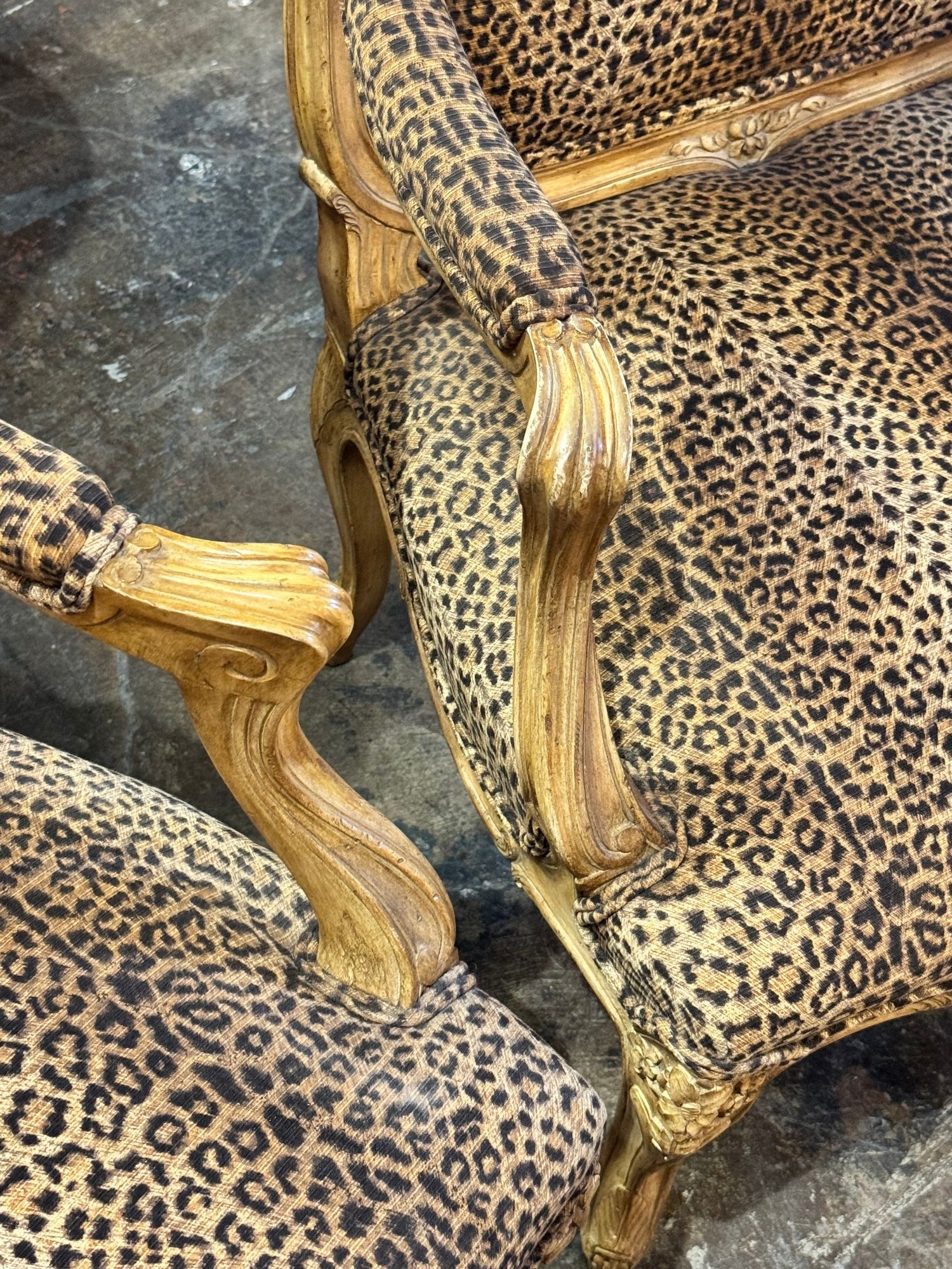 Pair of French Louis XV Bergeres with Leopard Upholstery - Image 8