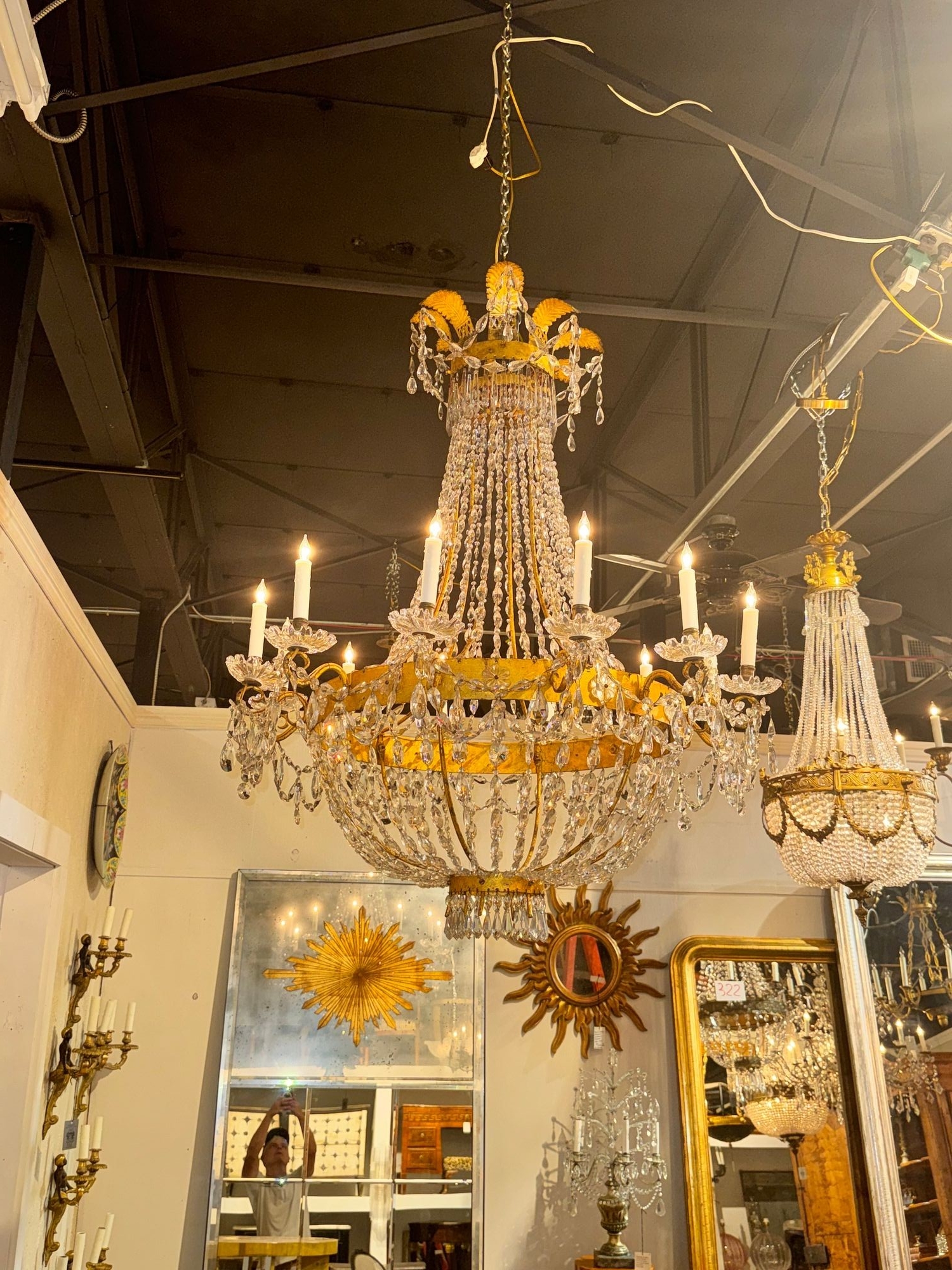 Fine 19th c. Italian Empire Gilt Tole and Crystal Chandelier - Image 8