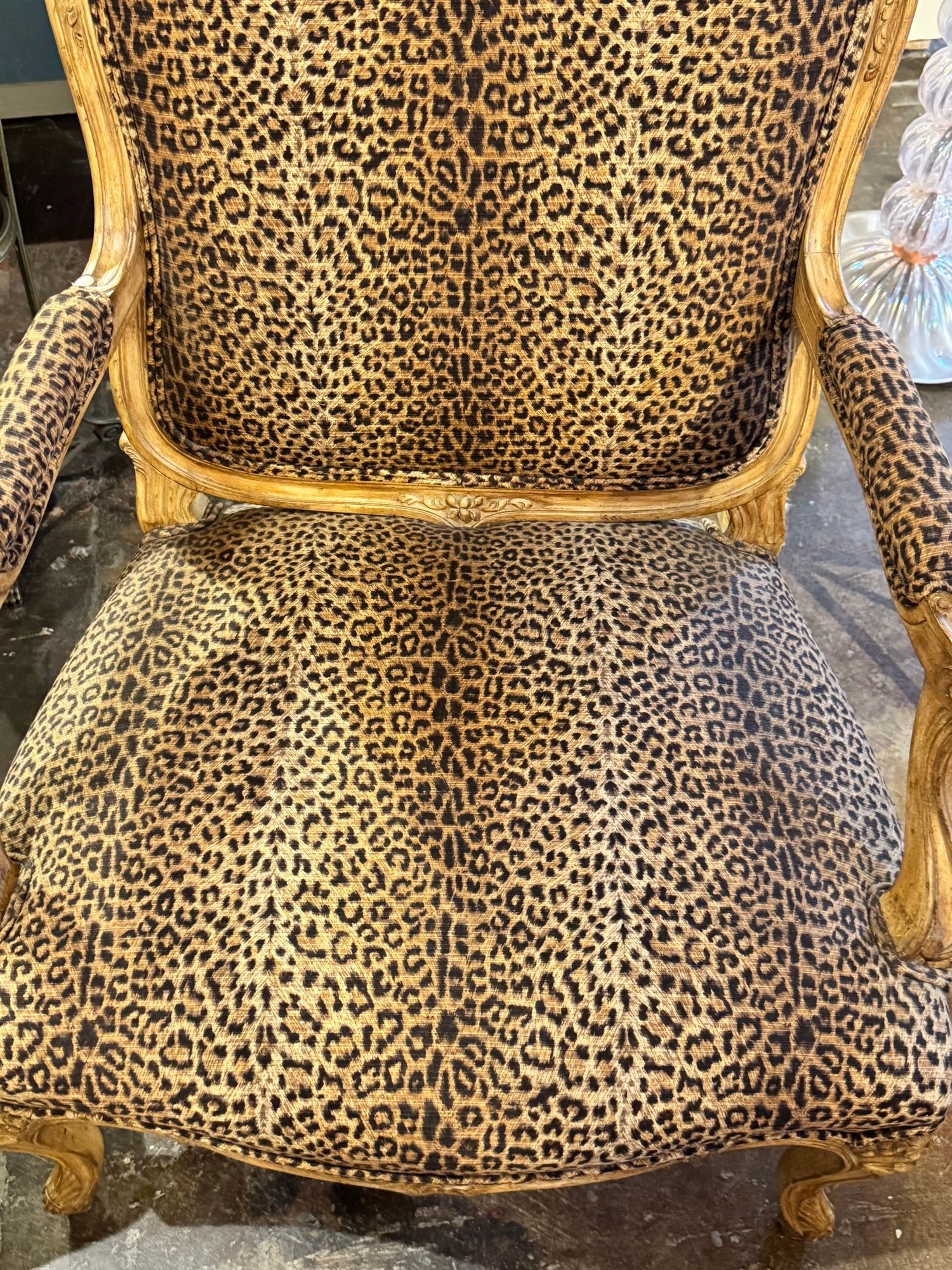 Pair of French Louis XV Bergeres with Leopard Upholstery - Image 9