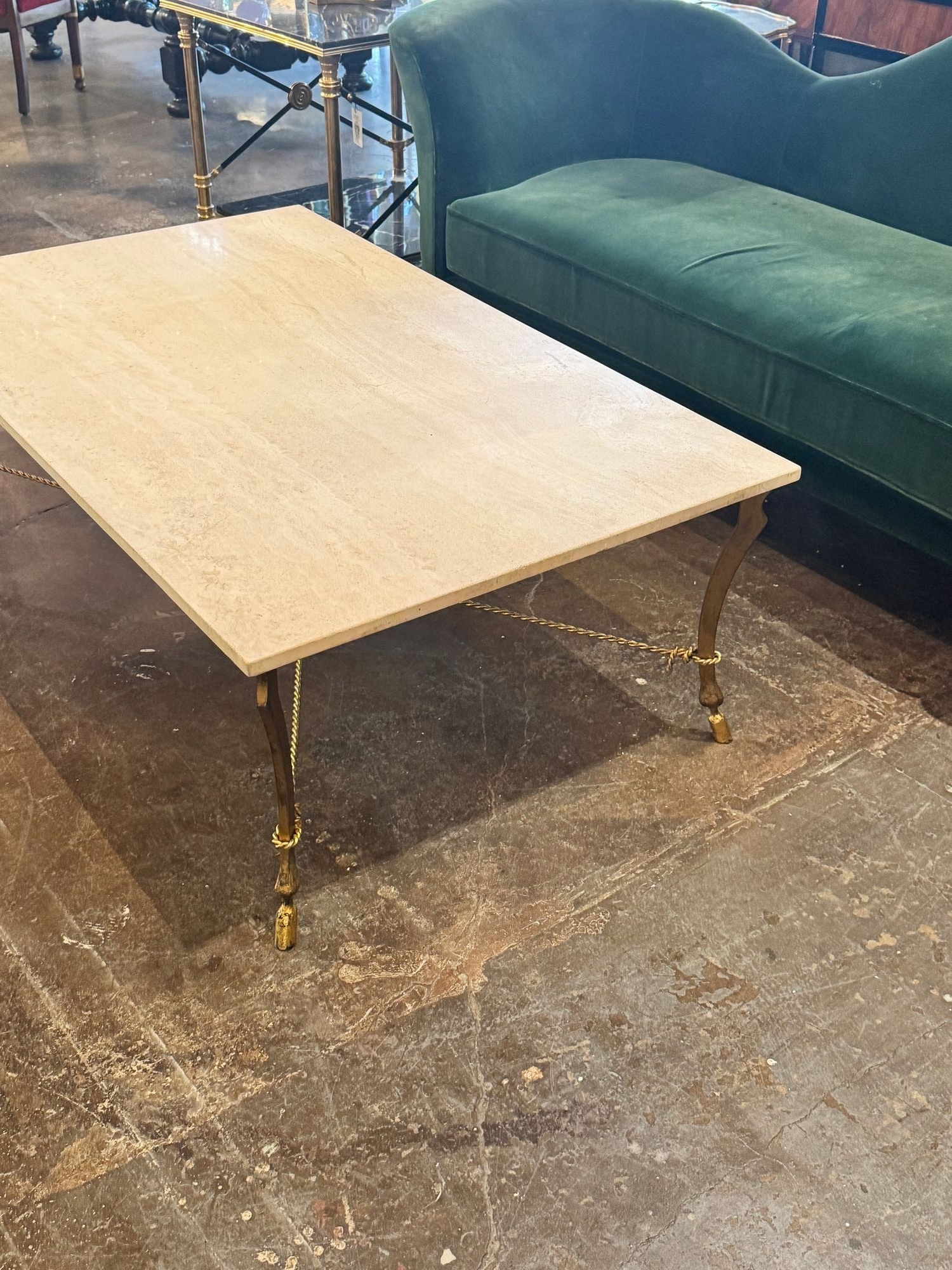 Vintage Italian Gilded Iron and Travertine Coffee Table - Image 9