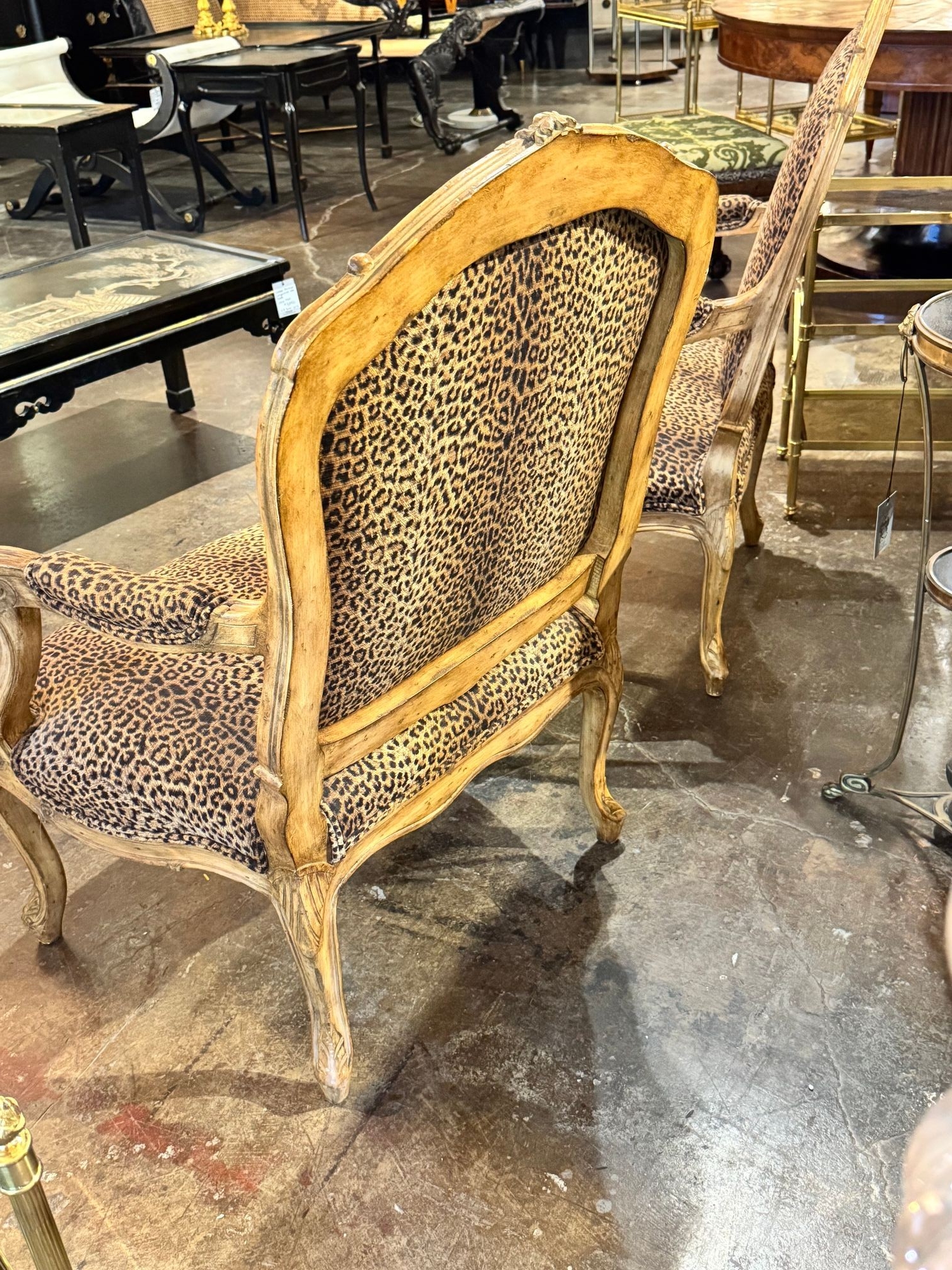 Pair of French Louis XV Bergeres with Leopard Upholstery - Image 10