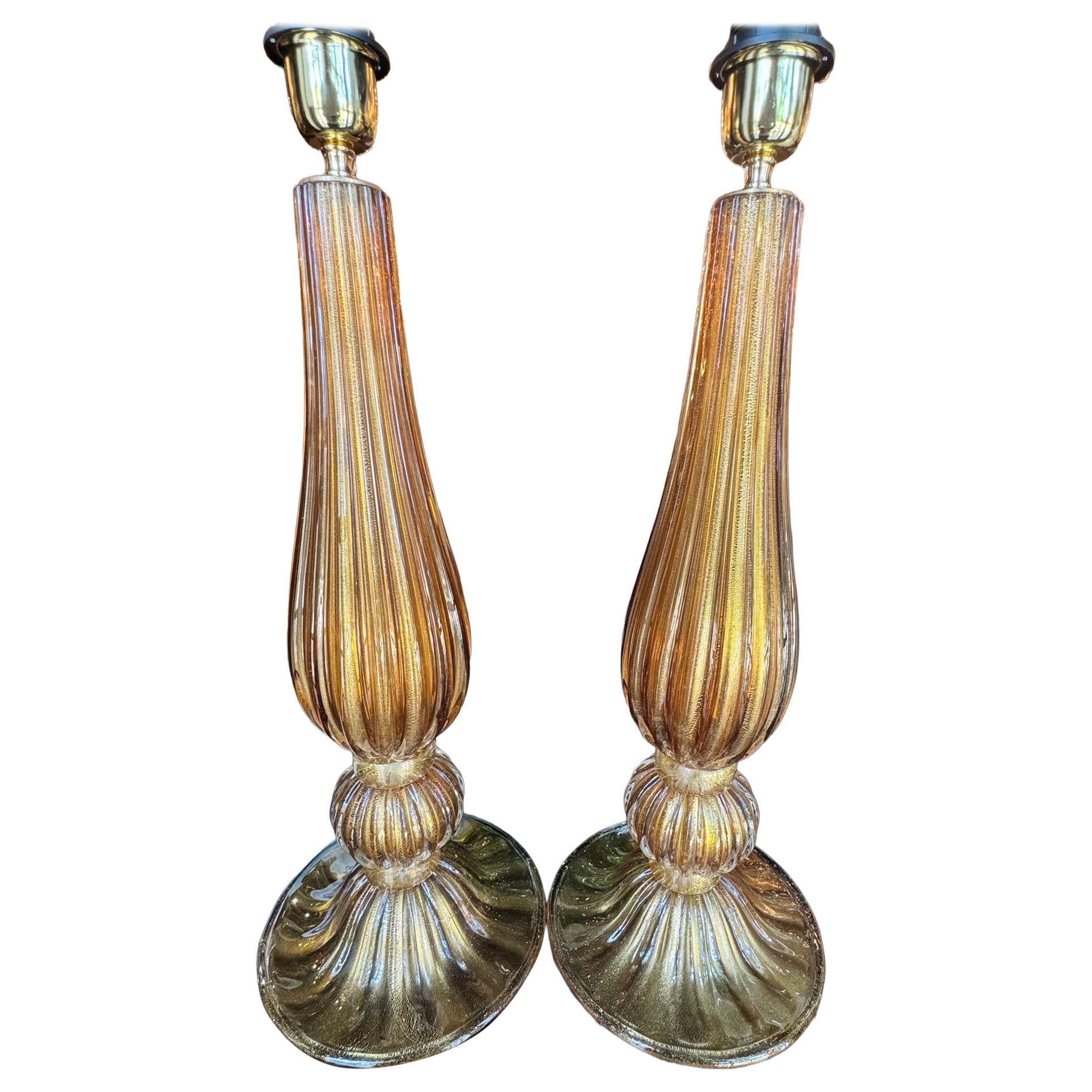 Pair of Murano Amber and Gold Glass Lamps
