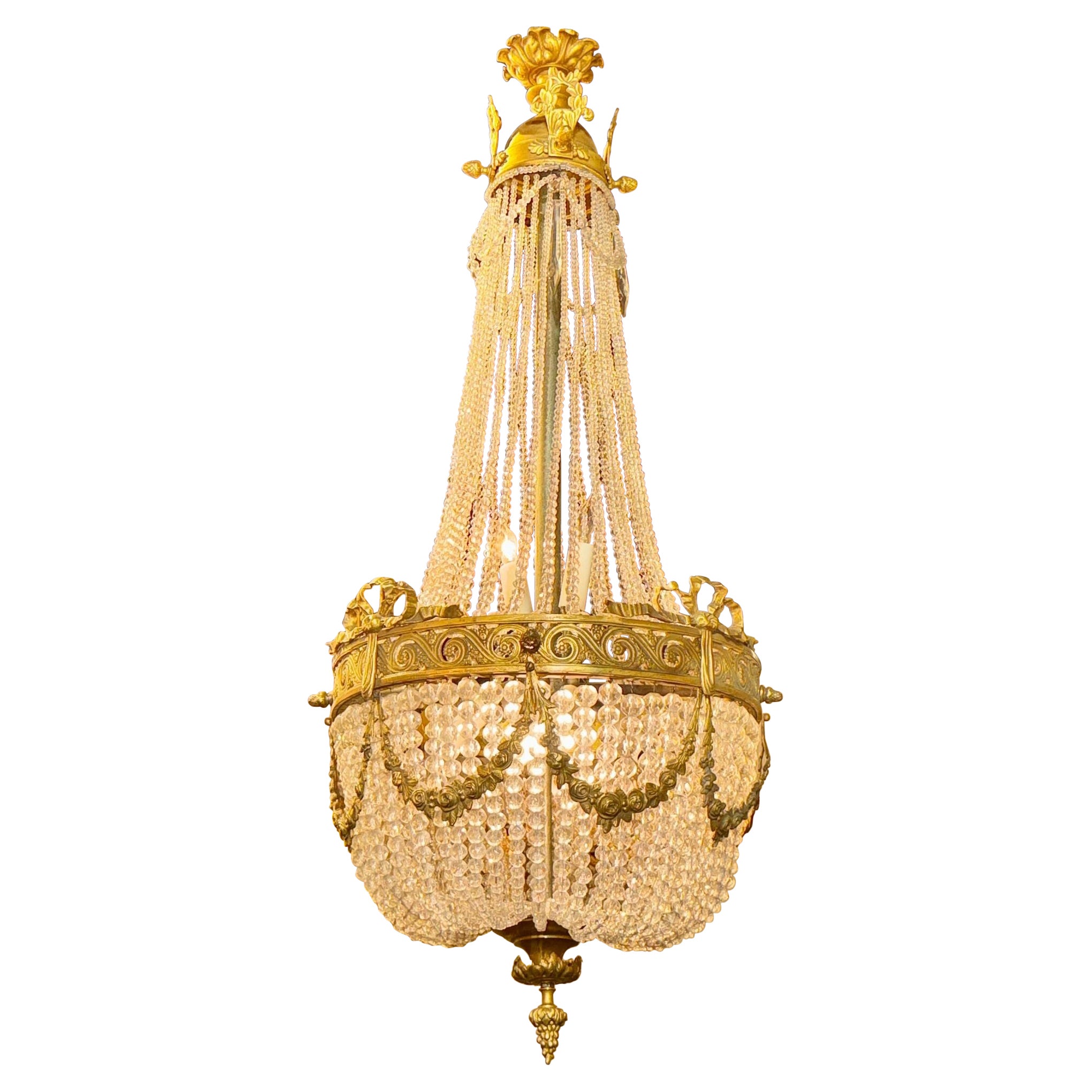 French Empire Gilt Bronze and Crystal Basket Chandelier