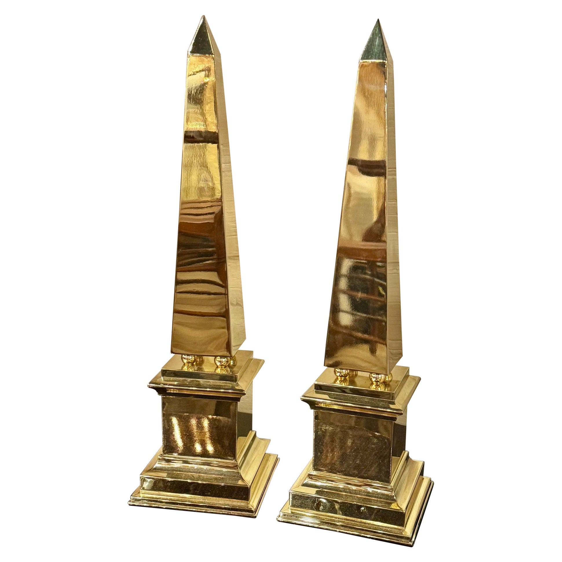 Pair of Continental MCM Polished Brass Obelisks