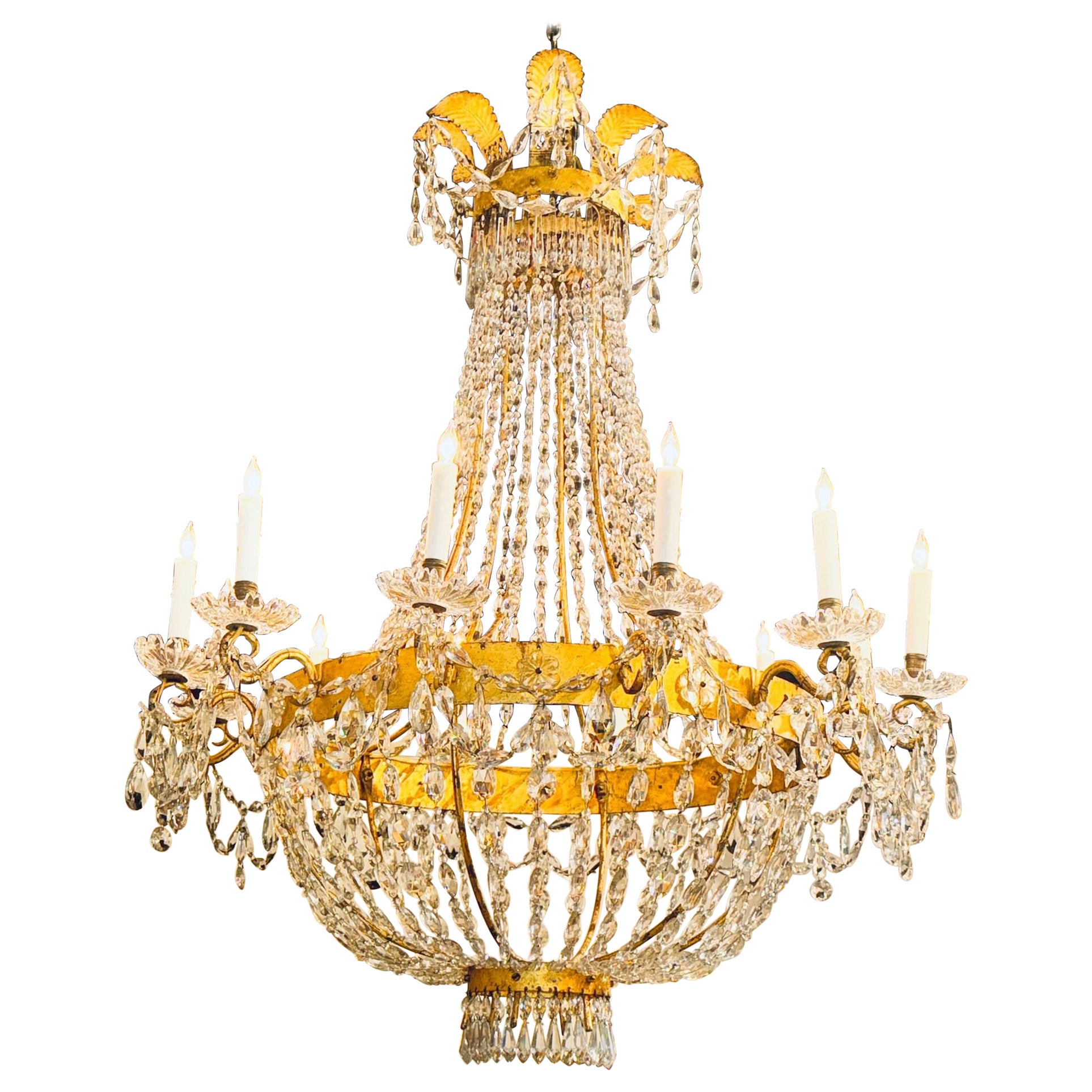 Fine 19th c. Italian Empire Gilt Tole and Crystal Chandelier