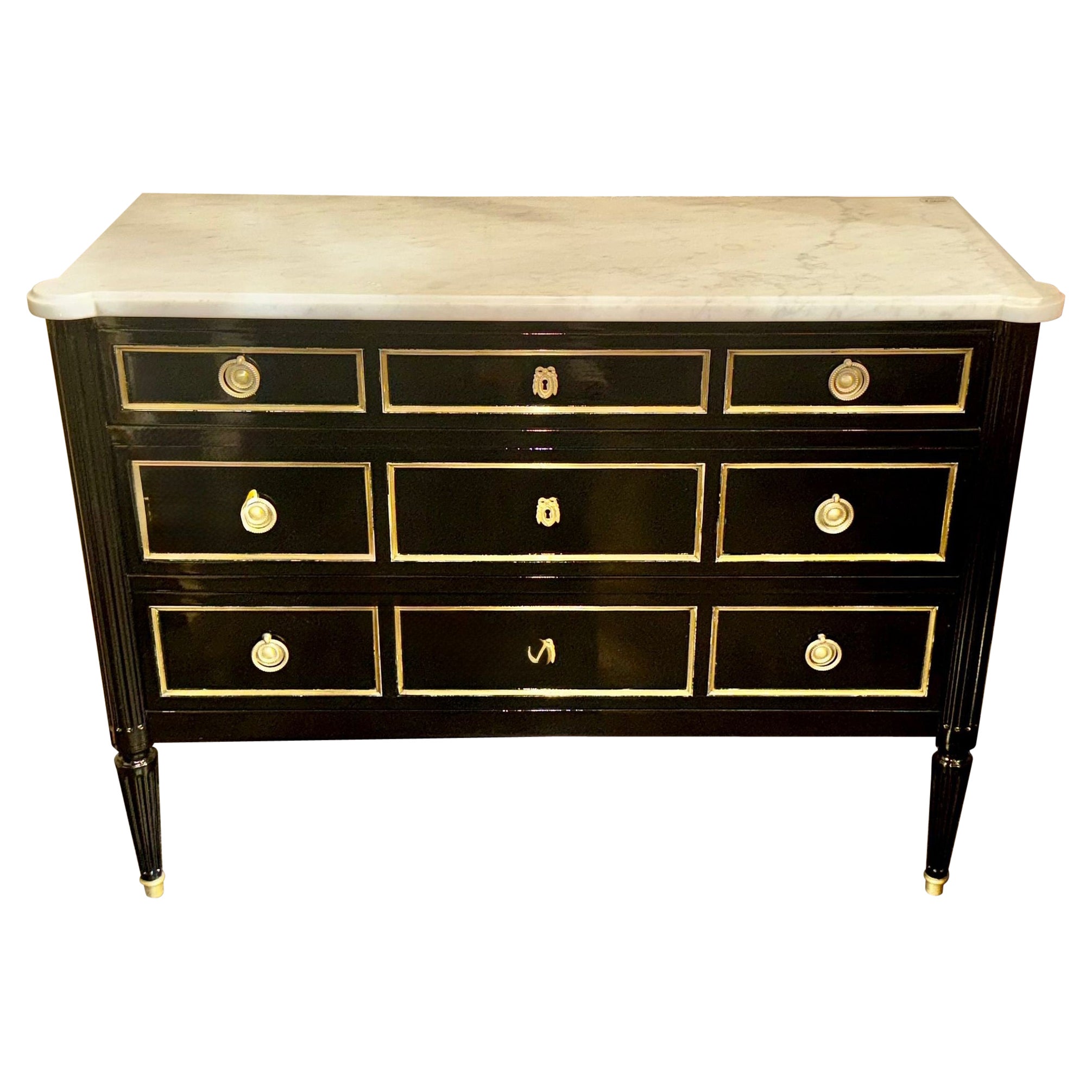 Vintage French Louis XVI Jansen Style Black Lacquered Chest