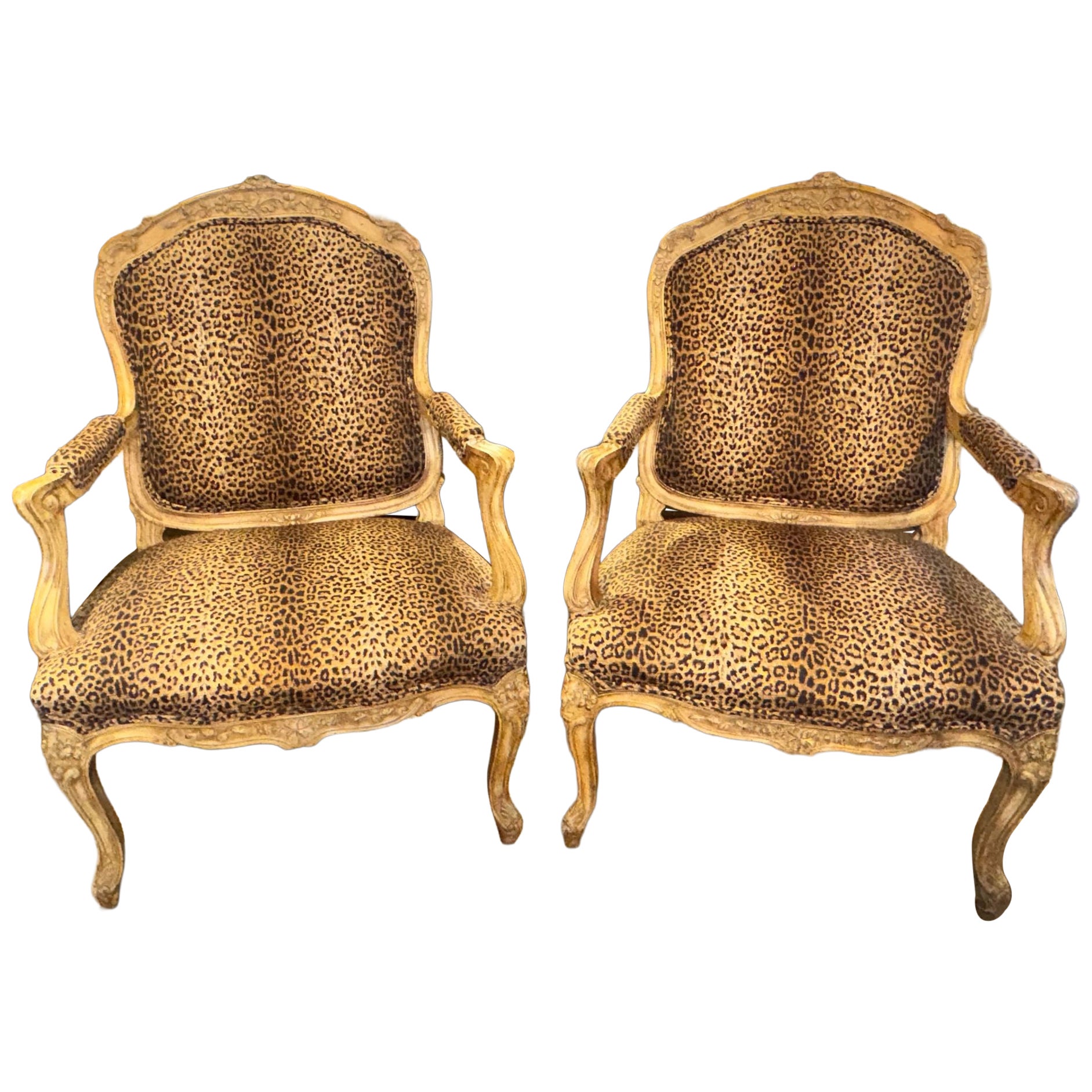 Pair of French Louis XV Bergeres with Leopard Upholstery