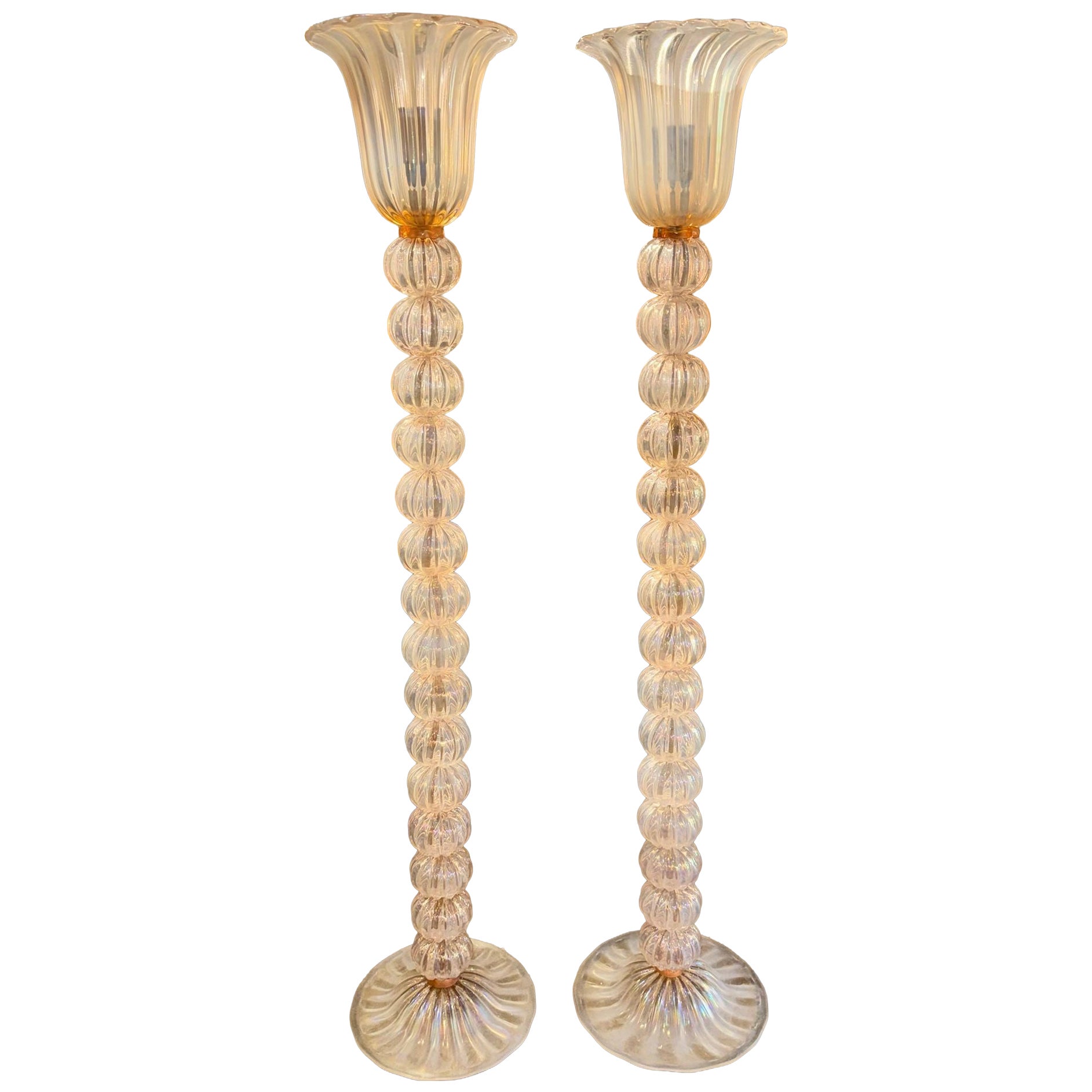 Pair of Murano Opalescent Pink Ball Floor Lamps