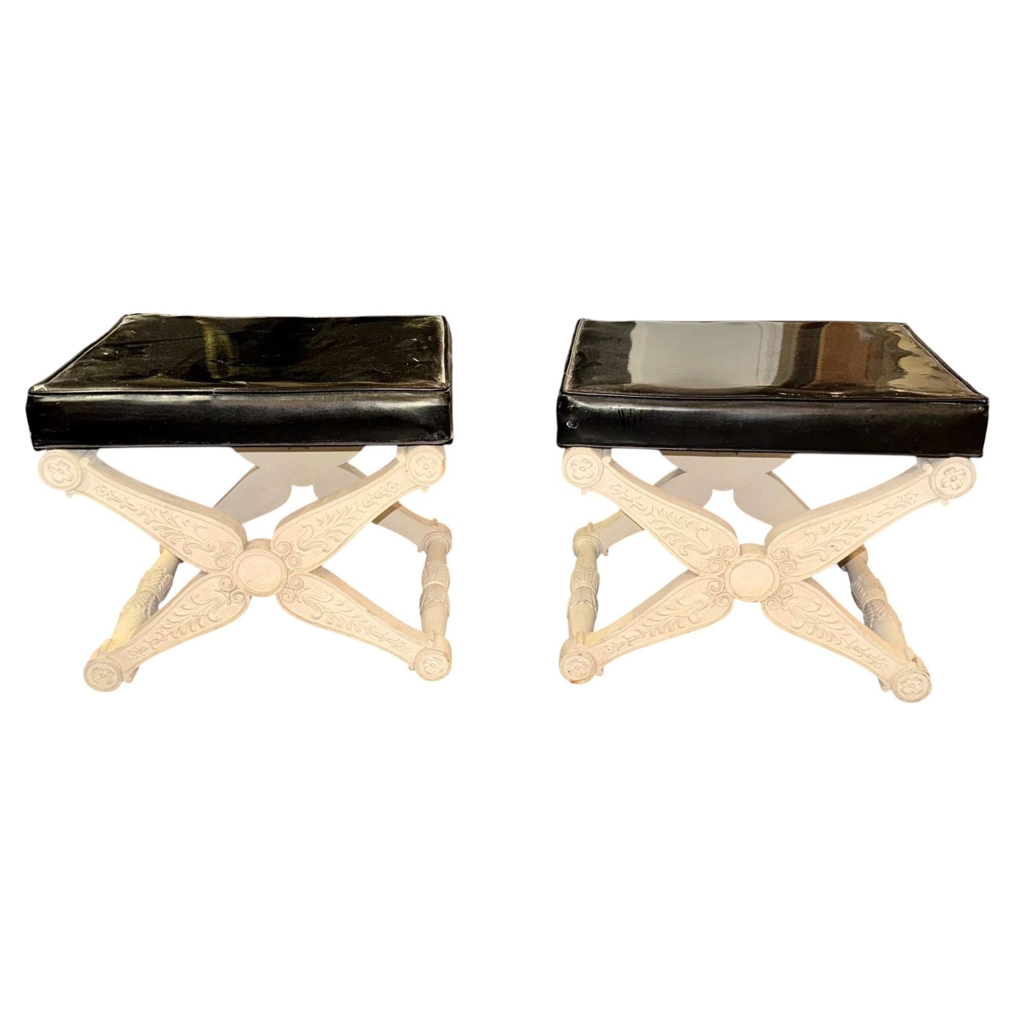 Pair of French Carved and Painted X Form Benches